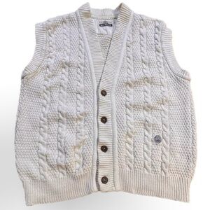 VINTAGE natural cotton chunky knit fisherman’s cable sweater vest cardigan 80s‎